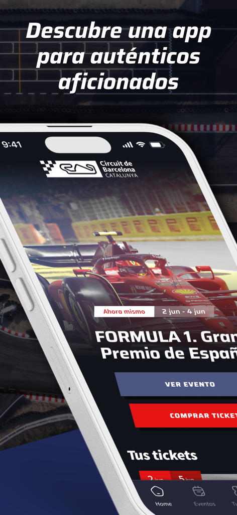 Circuit BCN-CAT - Pantalla de inicio de la aplicación móvil Circuit BCN-CAT que muestra los detalles del evento del Gran Premio de España de Fórmula 1 y los botones de compra de entradas