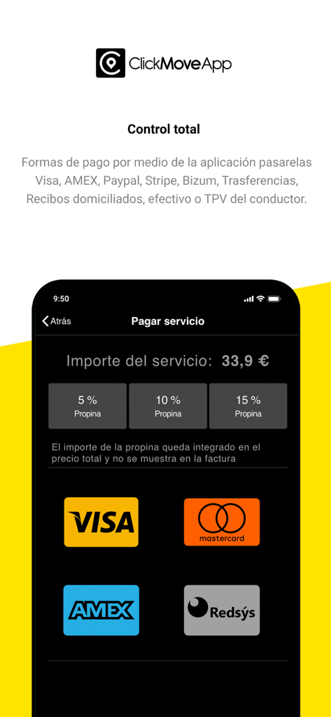 Click Move App - Click Move App Zahlungsbildschirm mit Servicekosten, Trinkgeldprozentsätzen und akzeptierten Kreditkarten für professionelle Reisen
