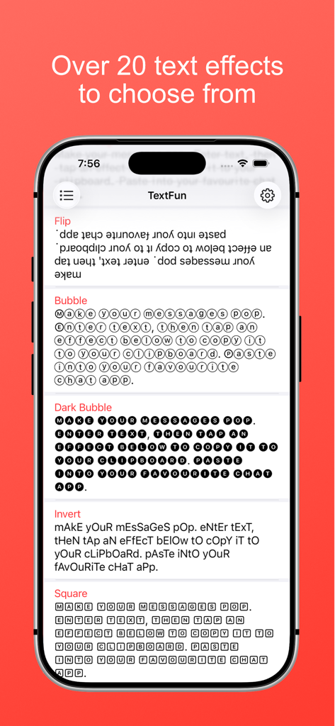 TextFun - Smartphone screen displaying TextFun app with various text effects like Bubble, Dark Bubble, Invert, and Square styles