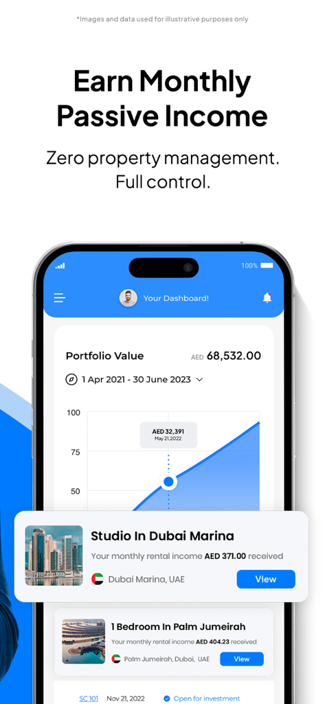 SmartCrowd 앱 화면에 두바이 부동산에서 발생한 포트폴리오 가치 그래프와 임대 소득이 표시됩니다.