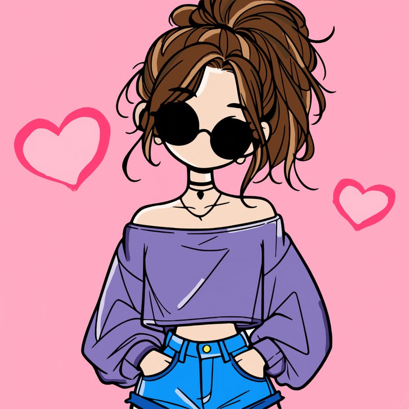 girl with a messy ponytail glasses a baggy crop top and jean shorts