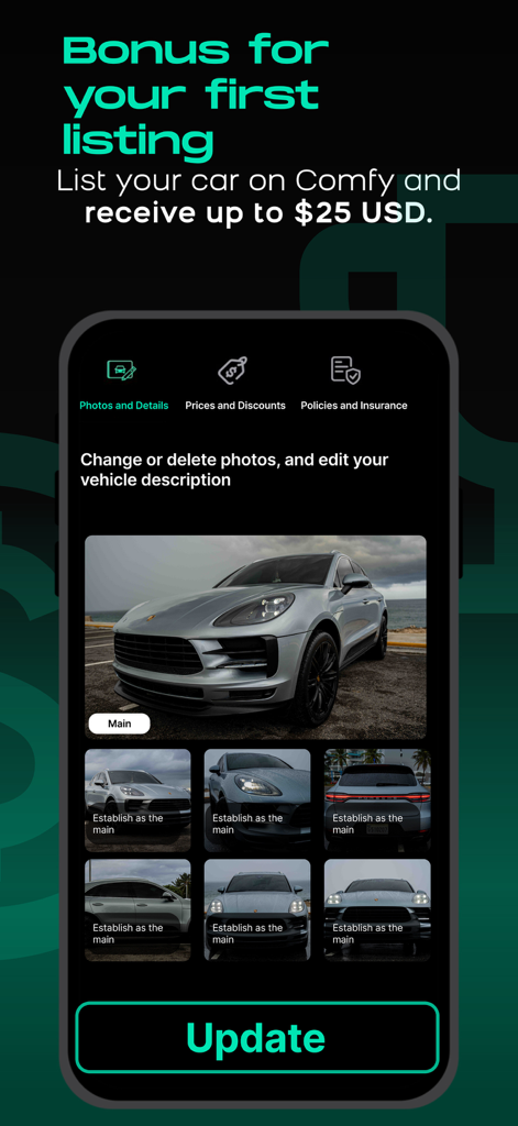 Comfy - Pantalla de la app Comfy para la gestión de listados de vehículos y una oferta de bono de veinticinco dólares para nuevos listados.