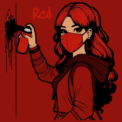 realistic girl with mask spray painting a wall