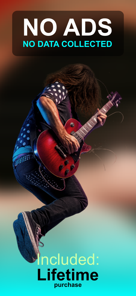 Guitar Chord Finder Fretboard - Um guitarrista pulando com texto destacando que não há anúncios e uma compra vitalícia está incluída