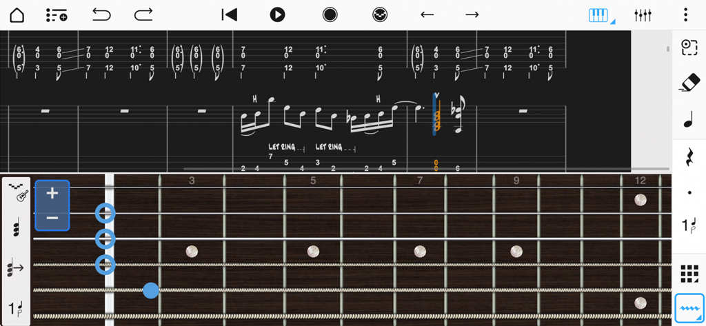 Interface de notation musicale et de tablature de guitare avec un manche de guitare virtuel pour la saisie de notes dans Notion Mobile.