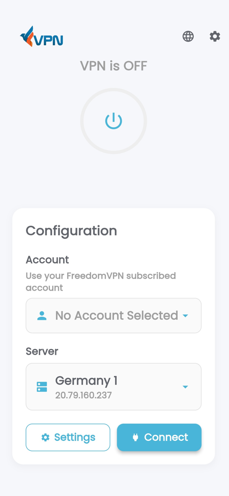 Panel de la aplicación Freedom-VPN que muestra el estado de la VPN y la selección del servidor.