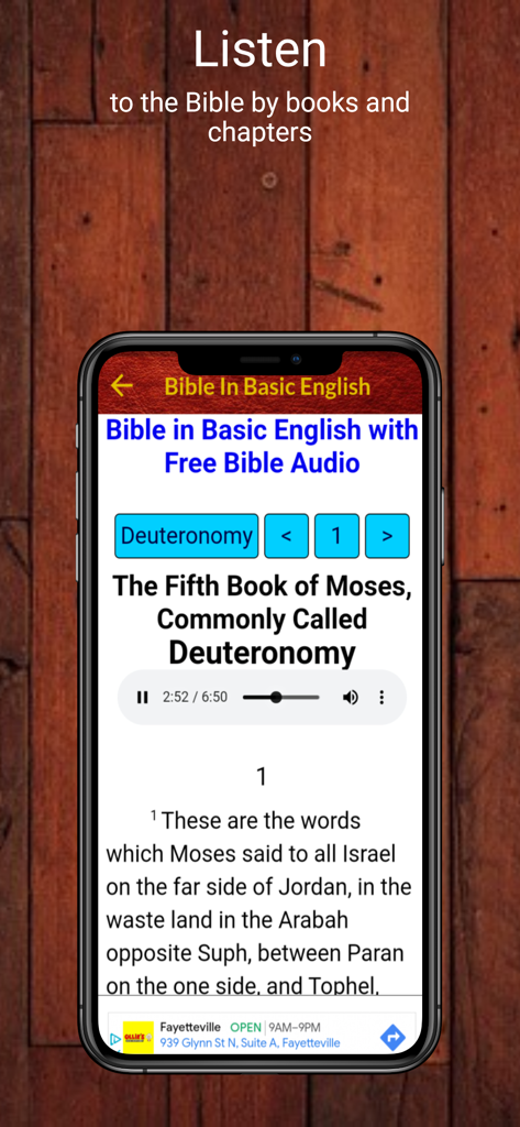 BBE Basic English Bible - Interfaz de la aplicación BBE Basic English Bible que muestra un reproductor de audio para escuchar capítulos de las escrituras.