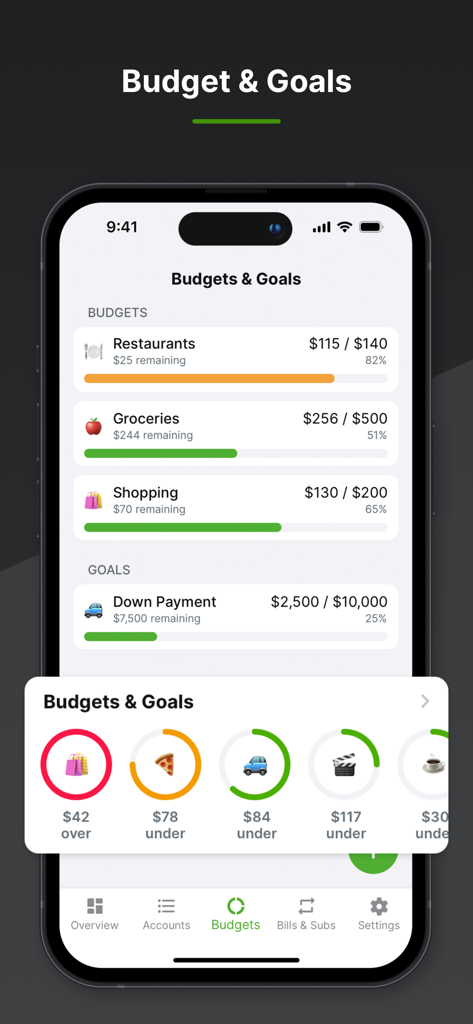 Balance Pro: Money & Budget - Balance Pro app interface displaying monthly budget categories and progress toward a down payment goal