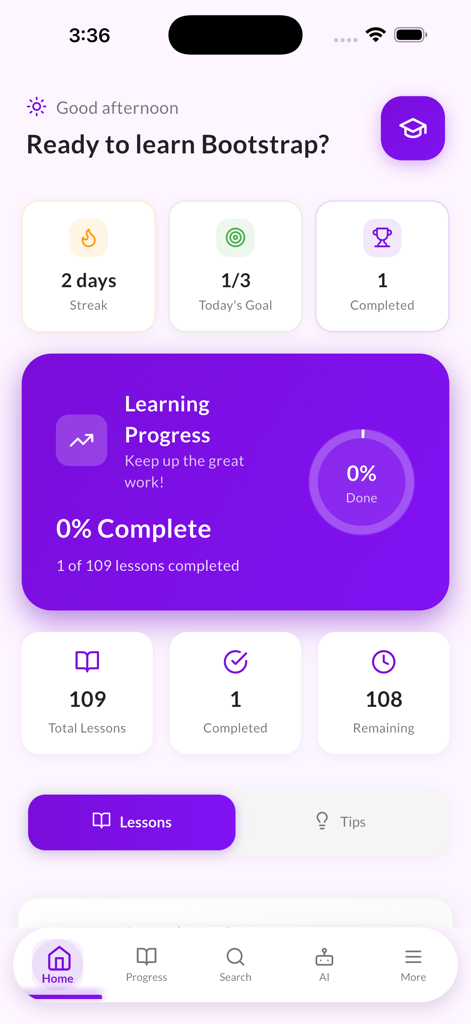 Dashboard of the Learn Bootstrap app showing lesson progress and statistics