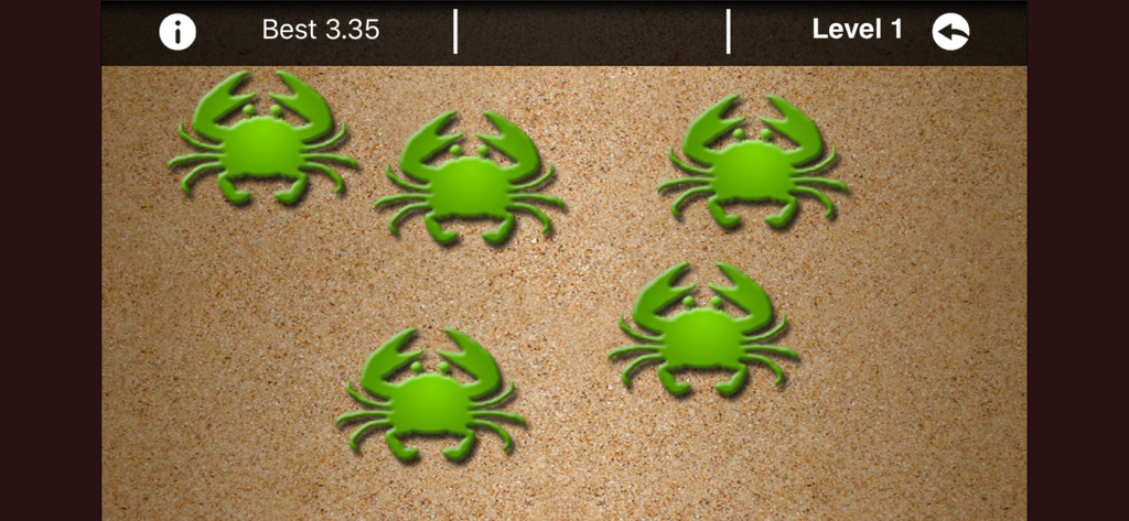 Dexteria - Fine Motor Skills - Level one fine motor skills exercise featuring green crabs on a sand background.