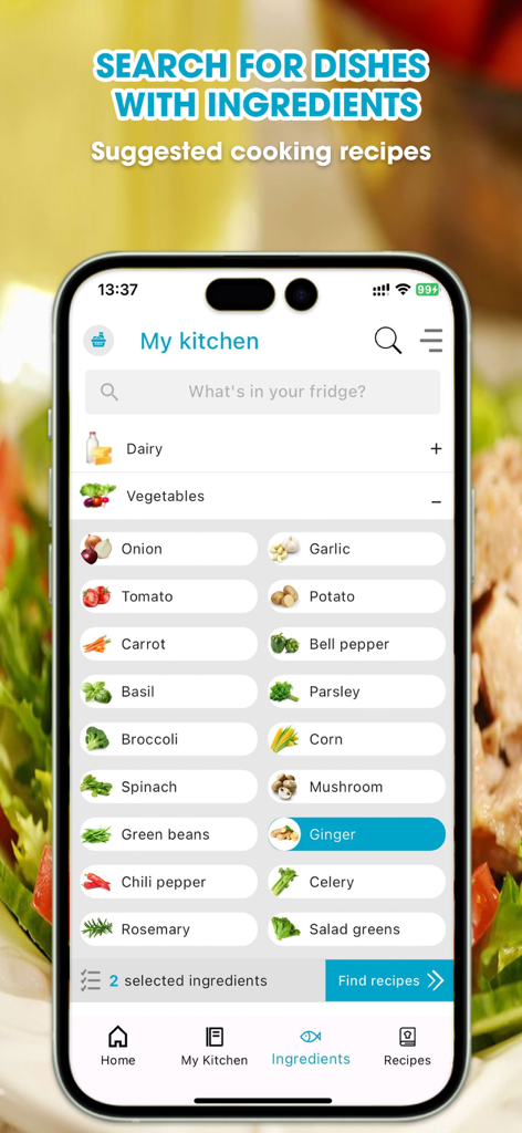 Mobile app screen for selecting ingredients to find cooking recipes.