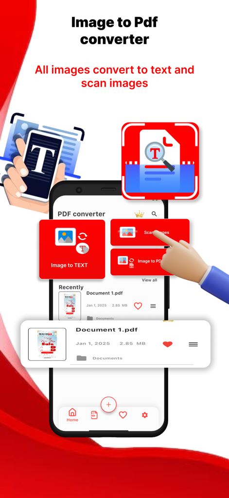 Image To PDF: OCR Text Scanner - Pantalla promocional que muestra las funciones de conversión de imagen a PDF y escaneo de texto OCR en un dispositivo móvil.