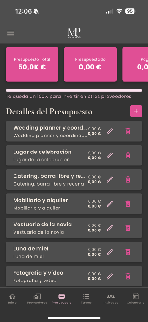 Madison Park wedding planning app budget screen showing expense categories and total budget tracking.