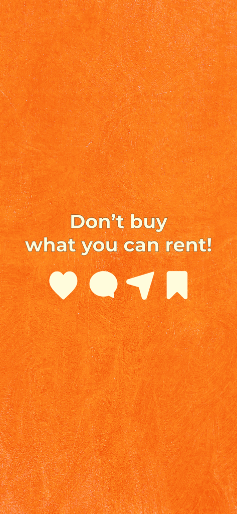 PowerRabbit: powerbank sharing - PowerRabbitのオレンジ色のテクスチャバナー、「買うな、借りろ！」というスローガンとソーシャルメディアのインタラクションアイコンが付いている