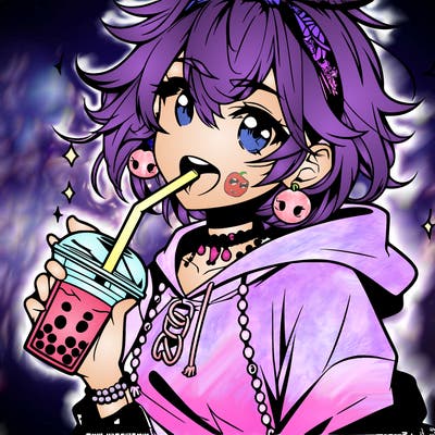 hot baddie anime girl drinking boba and biting the straw