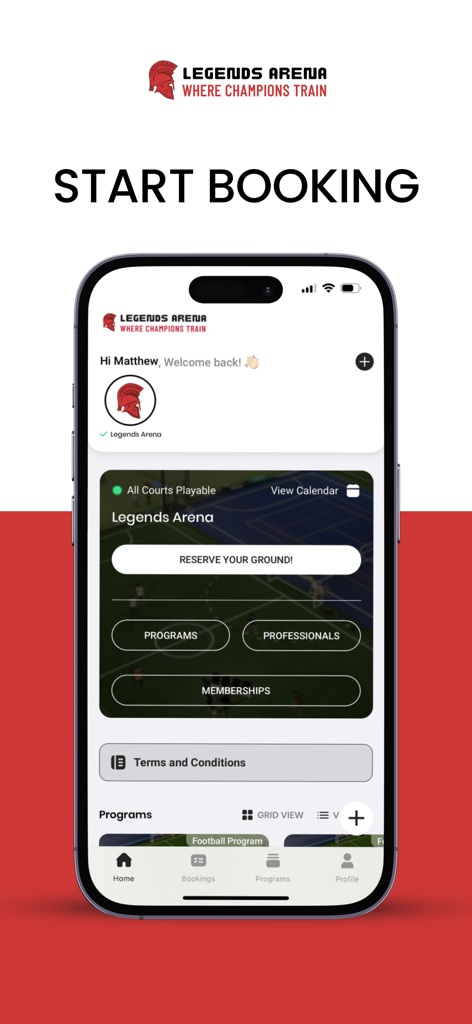 Legends Arena PK - Smartphone screen showing the Legends Arena PK app home page with options to reserve courts and view sports programs.