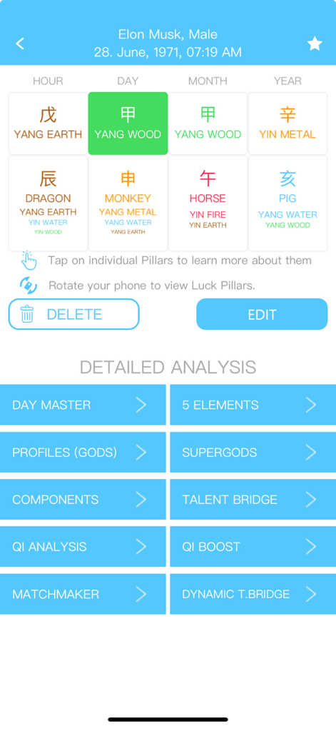 BaZi Hero app interface showing a birth chart with detailed analysis options for elements and talents