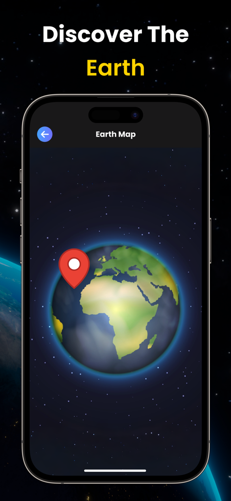 Uma tela móvel mostrando o recurso Mapa da Terra do aplicativo Localizador e Rastreamento de Satélites com um pino de localização em um globo 3D