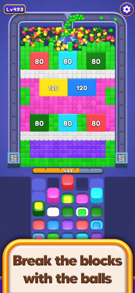 Bounce Blast 3D - Gameplay screenshot of Bounce Blast 3D showing colorful balls breaking numbered jelly blocks in a physics puzzle level