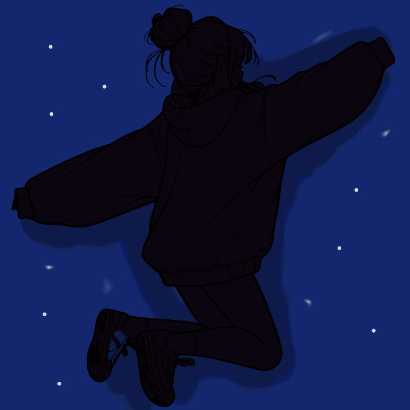 realistic girl jumping with a bun and oversized sweatshirt