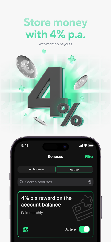 Ecrã da aplicação móvel Blackcat mostrando 4% de recompensa anual sobre o saldo da conta