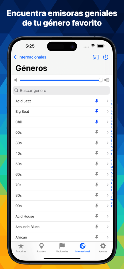 Radio FM: Escucha En Directo - iPhone screenshot of the Radio FM app showing a list of music genres like Jazz Chill and 80s