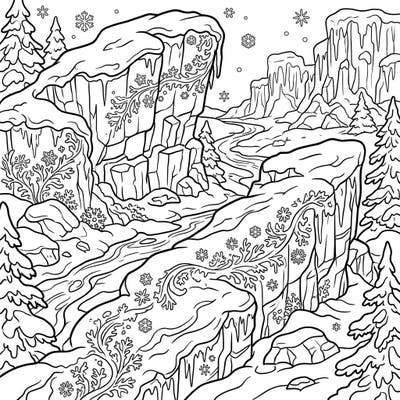 Dive into a breathtaking winter scene featuring unique andesitic rock formations transformed by snow and ice. This intricate coloring page invites you to explore a frosty volcanic landscape, perfect for a relaxing creative escape.