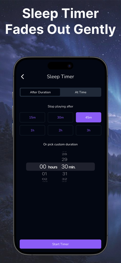 White Noise - Driftly - Driftly app sleep timer interface with custom duration settings for white noise sounds