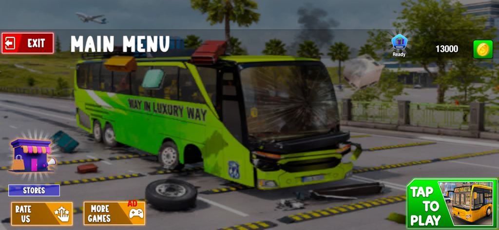 Bus Rage: Smash & Race - Main menu screen of Bus Rage Smash and Race game showing a damaged green bus on a city road