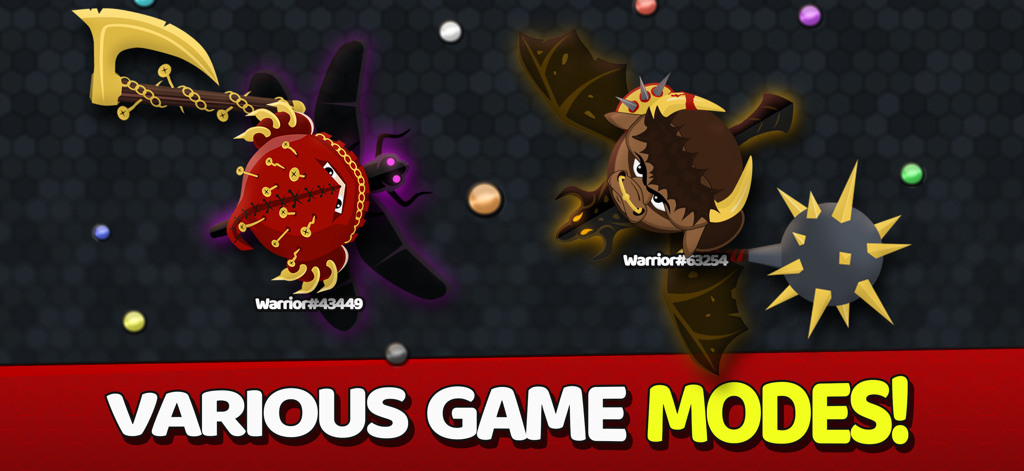 Two evolved warriors battling in EvoWars.io with text showing various game modes.