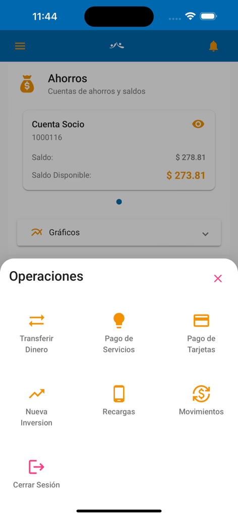 EcuaMovil mobile app interface showing the operations menu with options for money transfers and bill payments