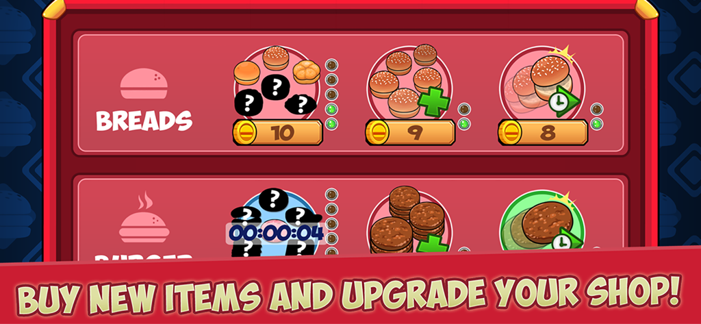 My Burger Shop: Fast Food Game - Pantalla de mejora que muestra pan e ingredientes de hamburguesa para comprar en My Burger Shop.