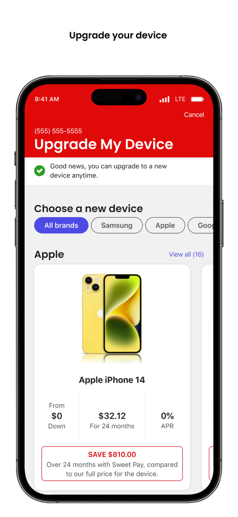 Interface do aplicativo Minha Conta Virgin Plus mostrando opções de upgrade de dispositivo e preços do iPhone 14.