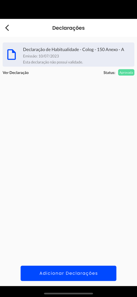 Una captura de pantalla de la aplicación Atirador Shooting House que muestra la pantalla de declaraciones con un documento de tiro habitual aprobado y un botón para agregar nuevas declaraciones.