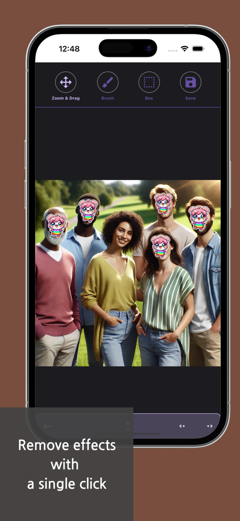 Blur & Mosaic - Auto Face blur - Une photo de groupe dans l'application Flou et Mosaïque avec des autocollants de dessin animé couvrant plusieurs visages pour protéger la vie privée.