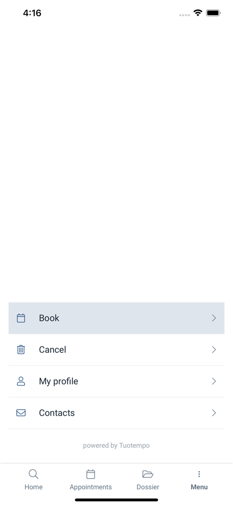 Gaias Clinicas - Una pantalla de aplicación móvil para Gaias Clínicas que muestra un menú con opciones para reservar citas, cancelar visitas, administrar perfiles de usuario y contactar al soporte.