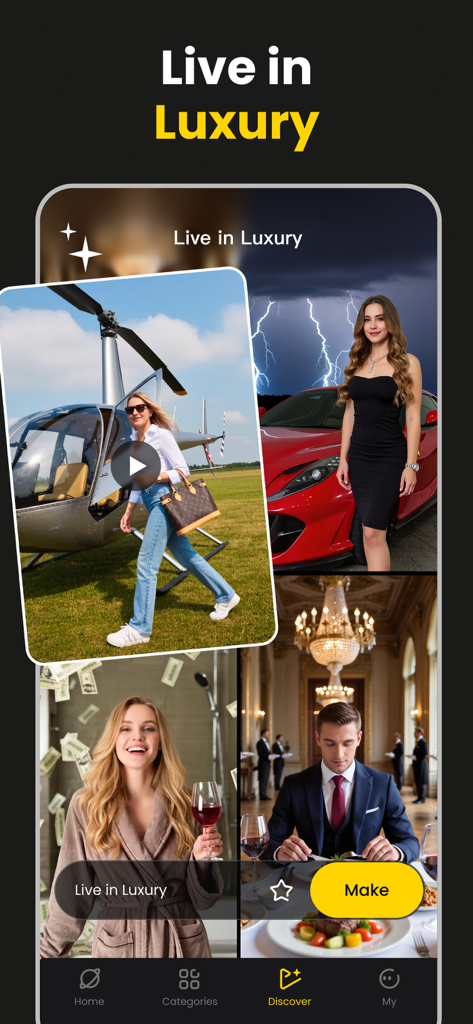 AI Movie Generator - KakaPic - Interfaz de la aplicación móvil KakaPic AI Movie Generator mostrando varias plantillas de vídeo de estilo de vida de lujo, incluidos jets privados y coches deportivos.