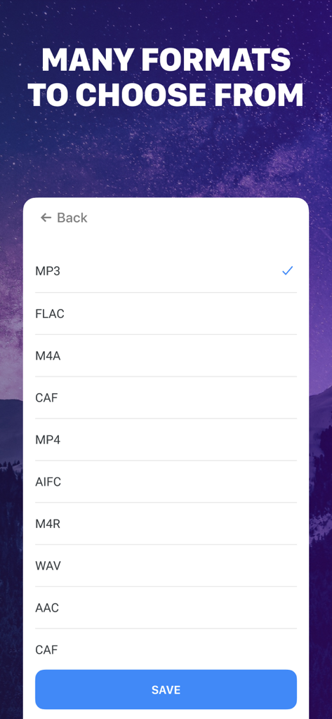 My Converter: Music & Audio - Una lista de formatos de audio y vídeo disponibles para seleccionar en la aplicación My Converter, incluyendo MP3 FLAC y WAV