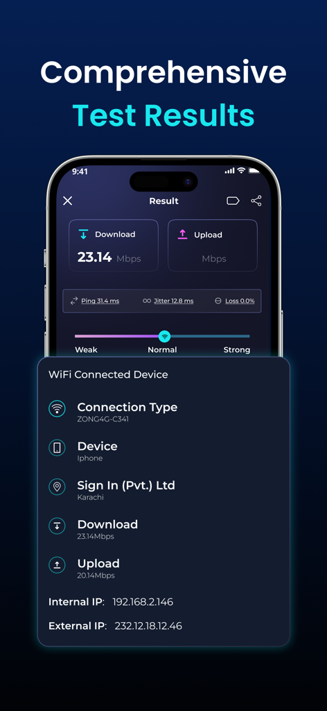 WiFi Analyzerアプリのインターフェイスに、ダウンロード速度、アップロード速度、およびネットワーク診断情報が表示されています。