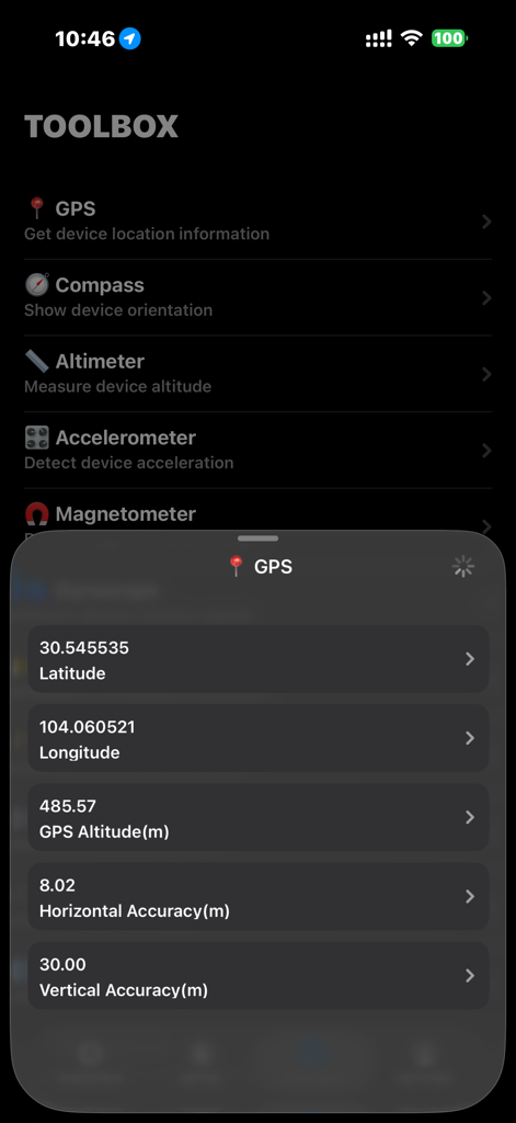 CPU-X - CPU-X app displaying real time GPS coordinates and altitude data in the toolbox menu