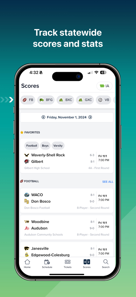 Bound Sports app interface displaying high school football scores and game schedules