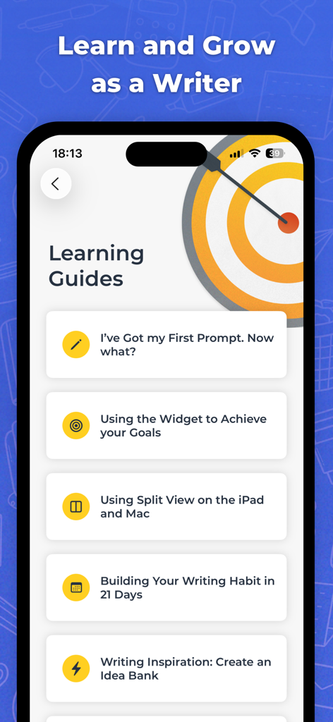 Writing Challenge - Schermata Guide di Apprendimento nell'app Writing Challenge con suggerimenti di scrittura e tutorial sulla costruzione di abitudini.