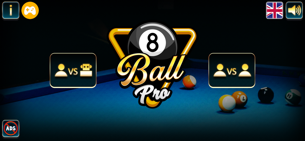 Main menu of the Eight Ball Pool Pro mobile game with options for single player vs AI and local multiplayer