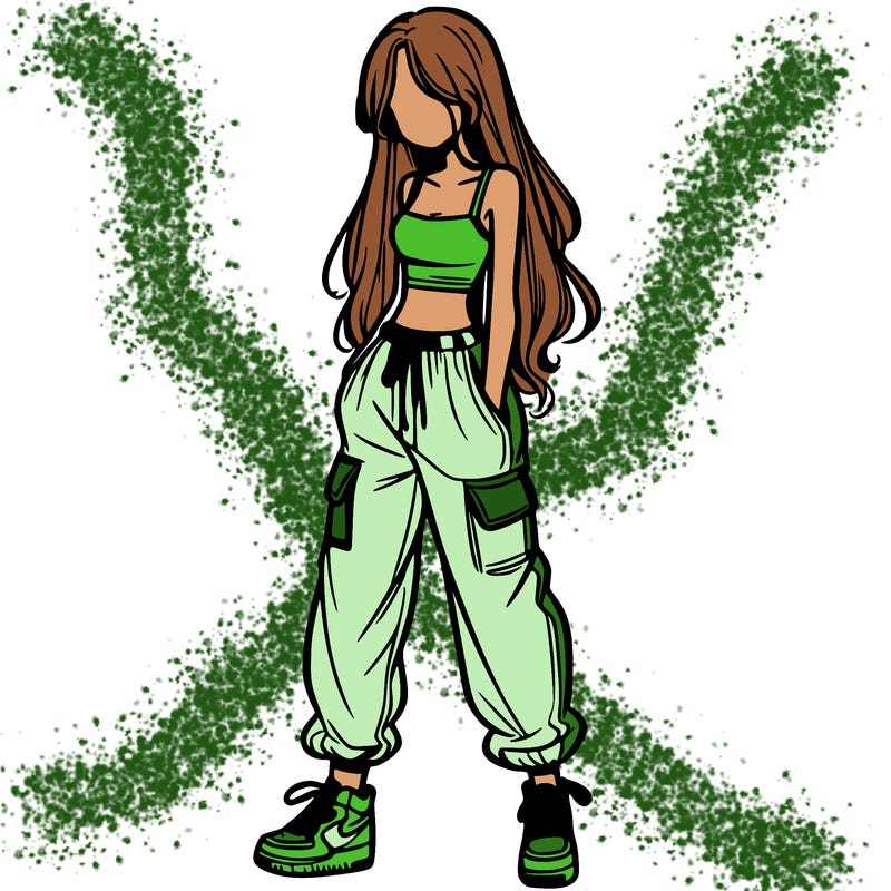 girl in baggy pants crop top and long hair