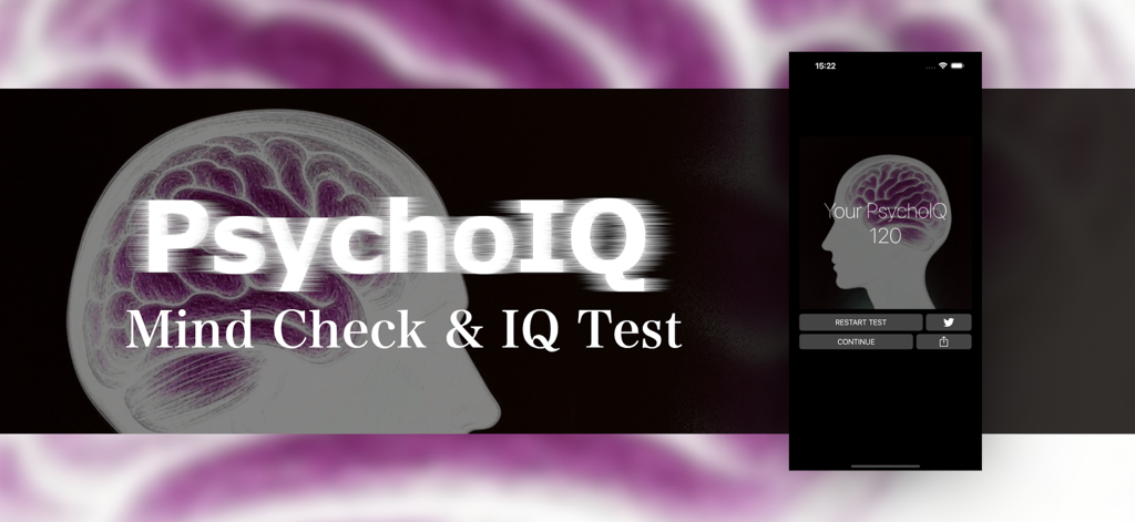 Mind Check & IQ Test :PsychoIQ - PsychoIQ app banner featuring a brain graphic and a phone screen displaying a PsychoIQ score result of 120