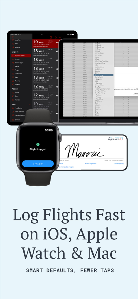 LogTen Pilot Logbook - LogTen Pilot Logbook app displayed on iPad Mac iPhone and Apple Watch showing flight logging across devices