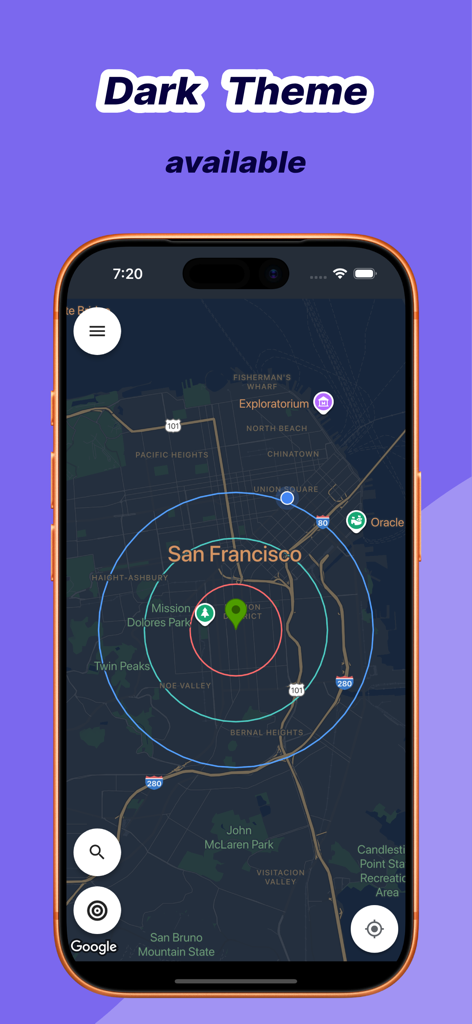 Radius Around Me - Radius Around Me app displaying multiple radius circles on a San Francisco map in dark theme.