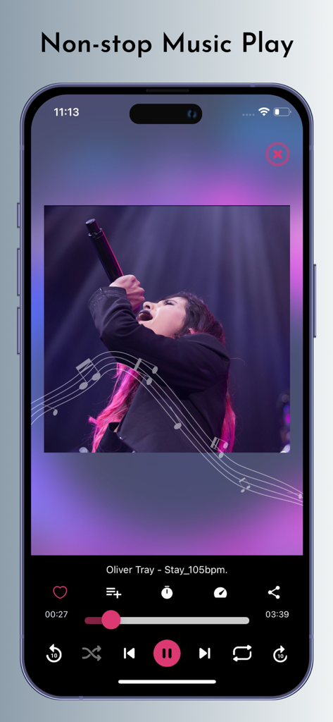 Offline MP3 music player app interface showing non-stop music playback controls and song progress bar