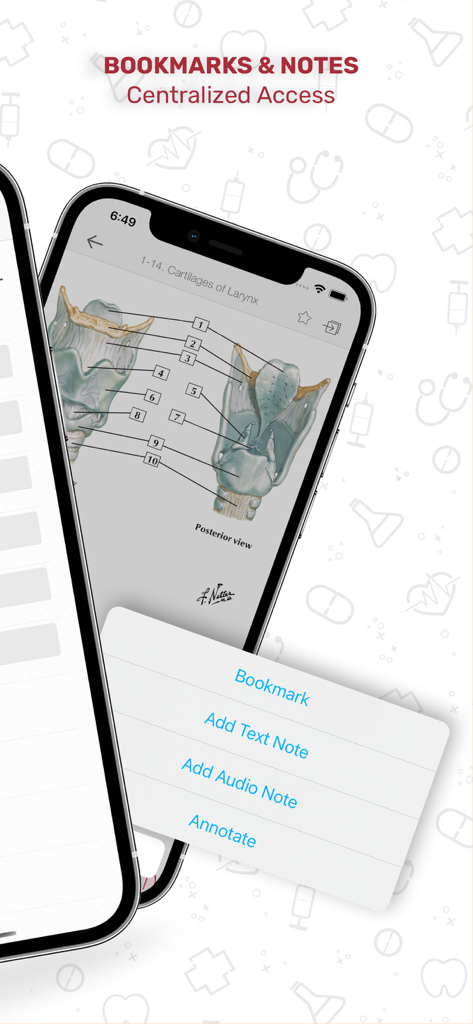 An iPhone screen displaying a detailed anatomical illustration of the cartilages of the larynx with a menu for adding bookmarks, text notes, audio notes, and annotations.