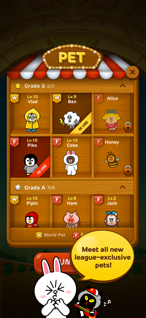 LINE Bubble! - Pet collection menu screen in LINE Bubble game featuring cute characters